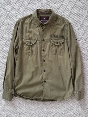 Y2K American Eagle Outfitters Olive Green Button-Up Utility Shirt Medium